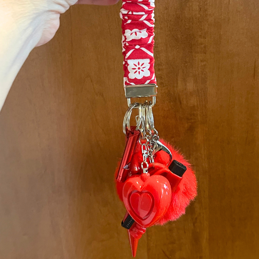 Red Floral Scrunchie Wristlet Safety Keychain