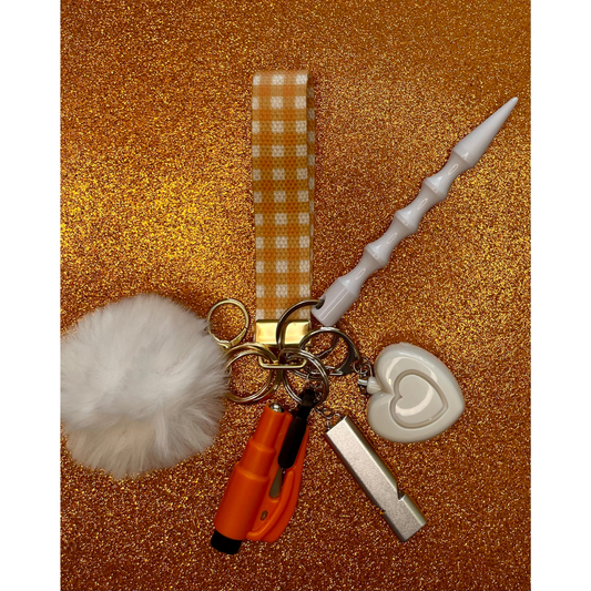 Orange & White Plaid Wristlet Safety Keychain