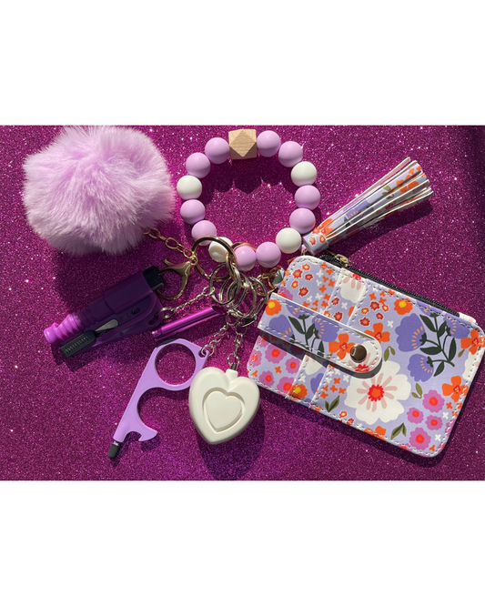 Violet Bloom Beaded Wristlet with Card Wallet Safety Keychain