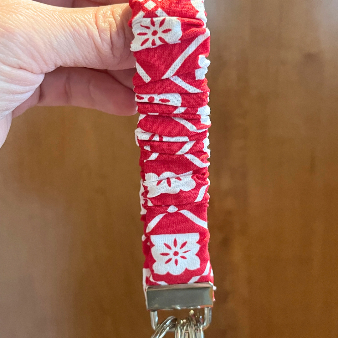 Red Floral Scrunchie Wristlet Safety Keychain