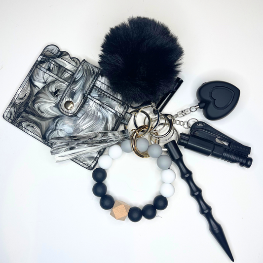 Black & White Marble Beaded Wristlet with Card Wallet Safety Keychain