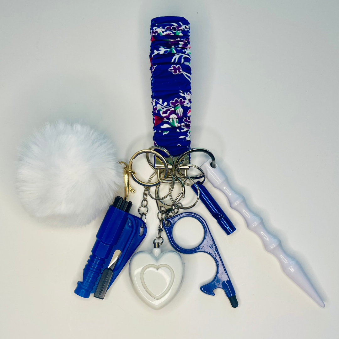 Blue Floral Scrunchie Wristlet Safety Keychain